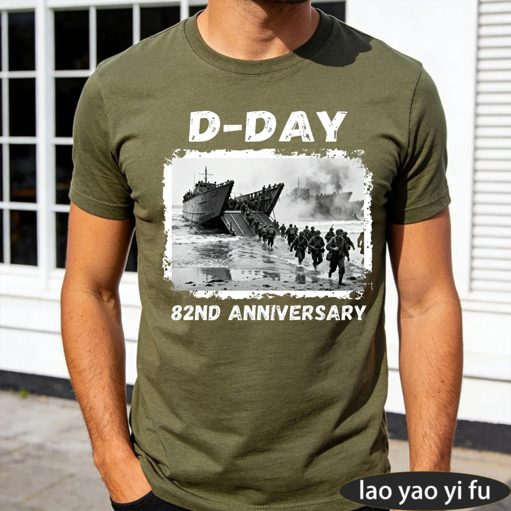 2026 Men D-Day 82nd Anniversary Normandy Landings T-Shirt Vintage Military History Print Short Sleeve Casual Tee Men Clothing