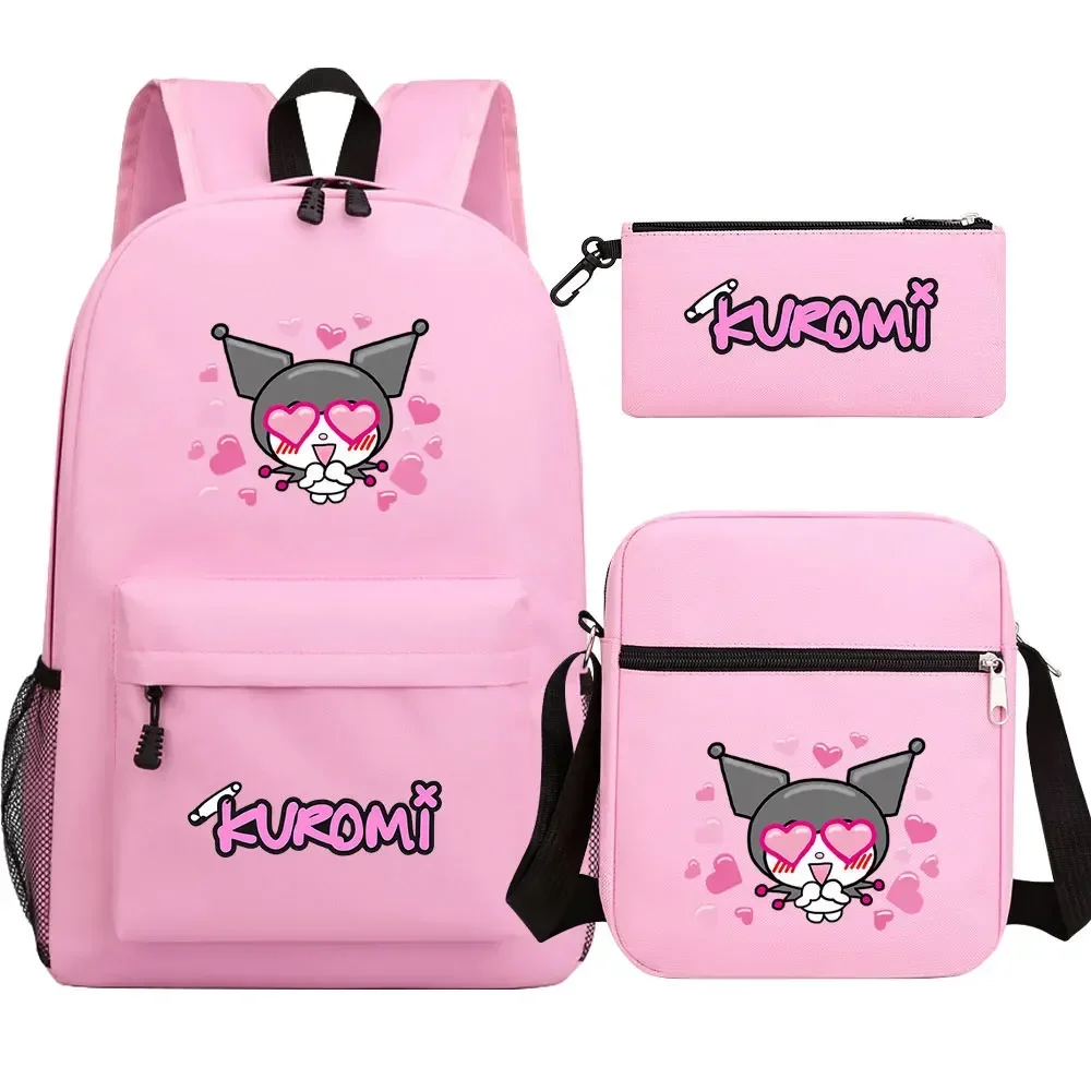 Kuromi-mochila escolar de 3 piezas para niño y niña, morral de hombro para guardar bolígrafos, morral de viaje para adolescentes