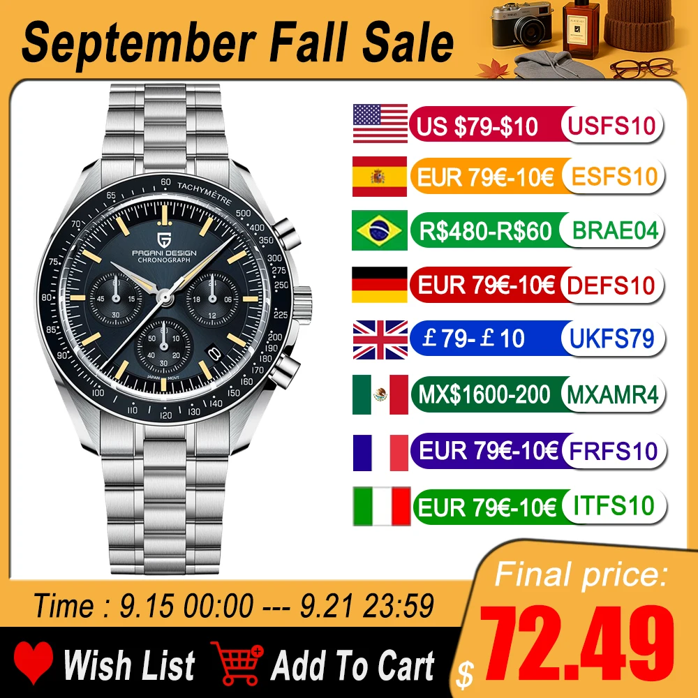 

New PAGANI DESIGN Men's Watches VK63 Quartz Wrist Watch Auto Date Watches For Man Luminous Complete Calendar Sport Clock 40 Inch