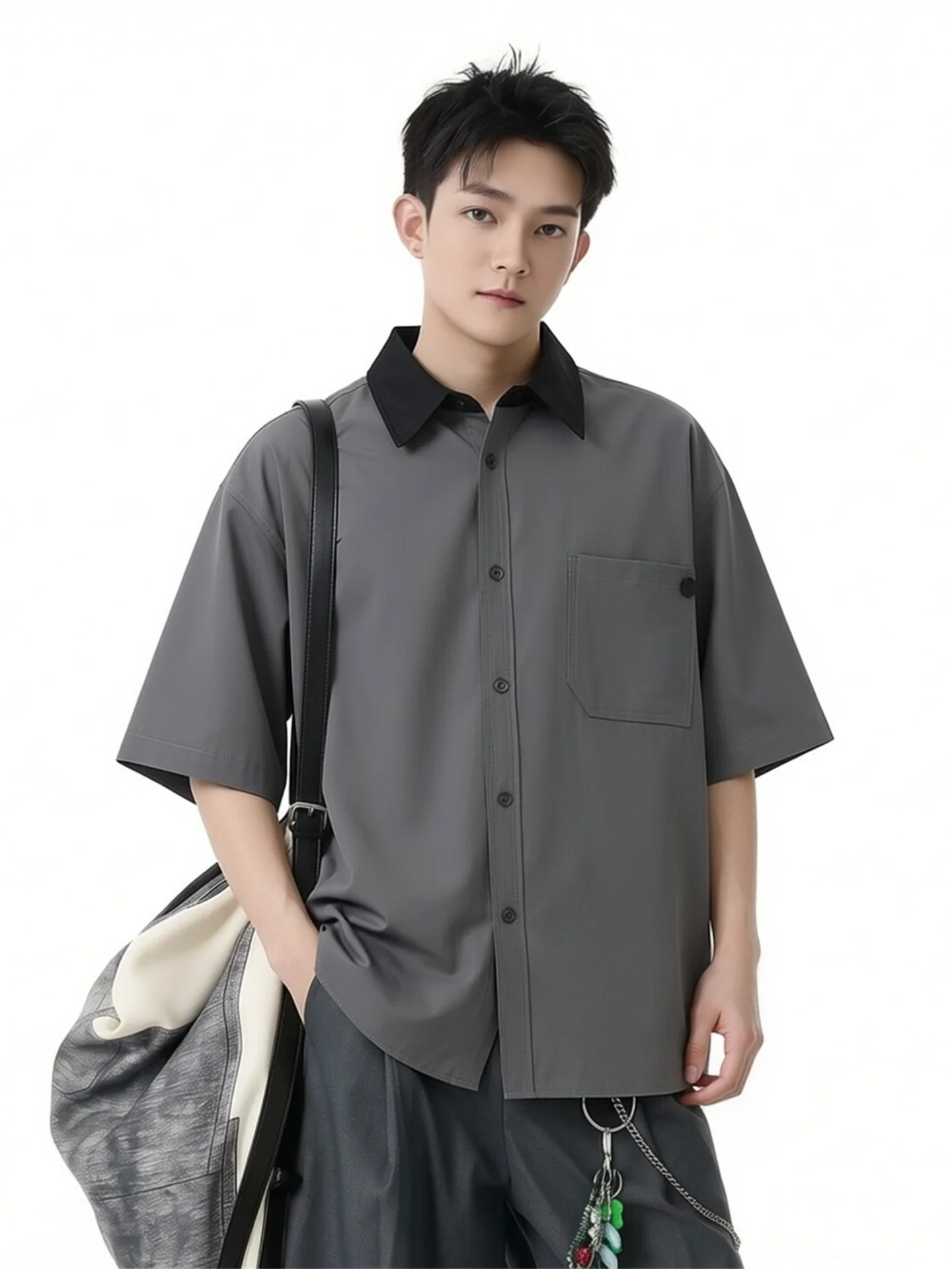 

American Retro Vintage Work Shirt Men's Short Sleeve Summer Thin Loose Color Block Collar Grey Handsome Shirt Casual Style