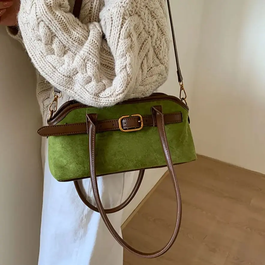 

Замшевая большая сумка из искусственной кожи в стиле ретро, женская сумка-тоут на осень-зиму 2025 года с бантом, большая вместительная сумка для подмышек