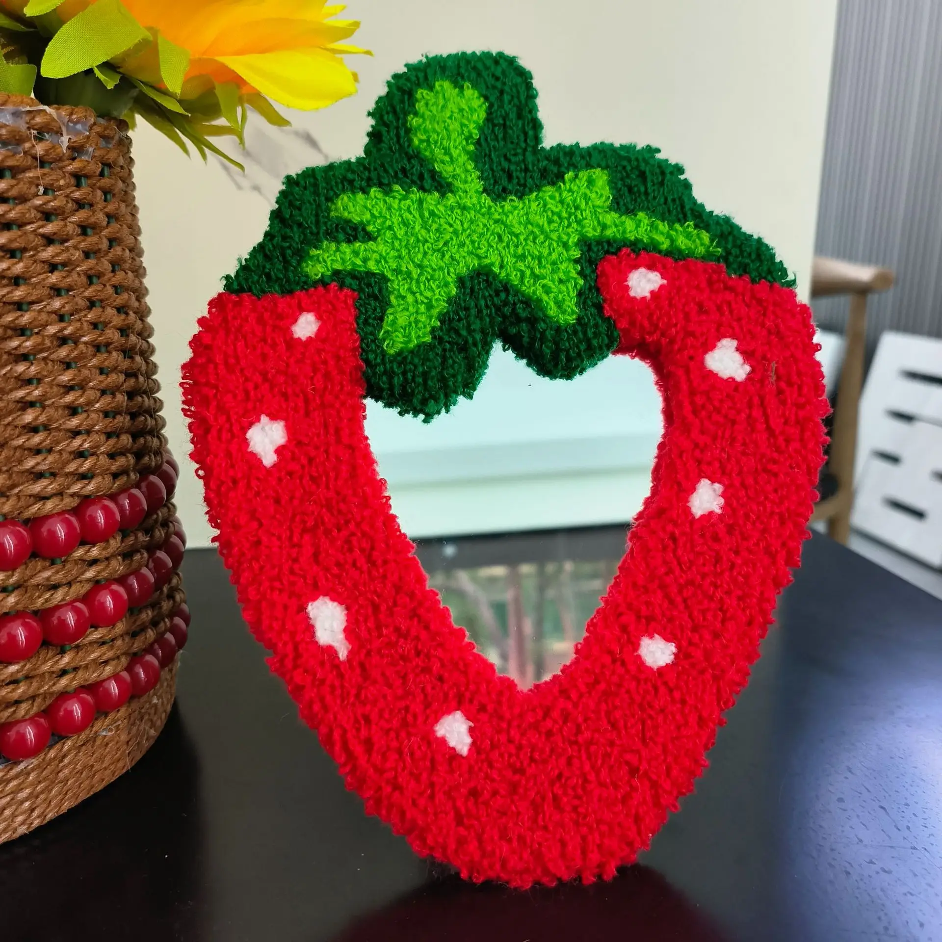 Tufted Strawberry Decorative Mirror Ins Flannelette Bathroom Makeup Mirror Love Countertop Wall Decorative Mirror Acrylic Glass