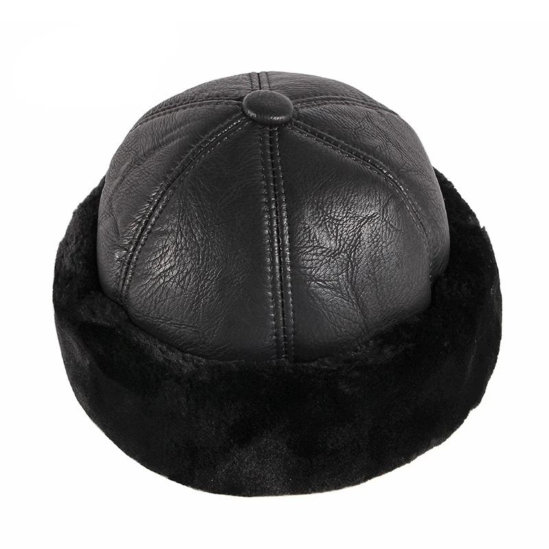 Winter Leather Beanies Hat Men Thick Warm Russian Hat Dad Middle Elderly Aged Fleece Lined Brimless Landlord Cap Windproof Snow