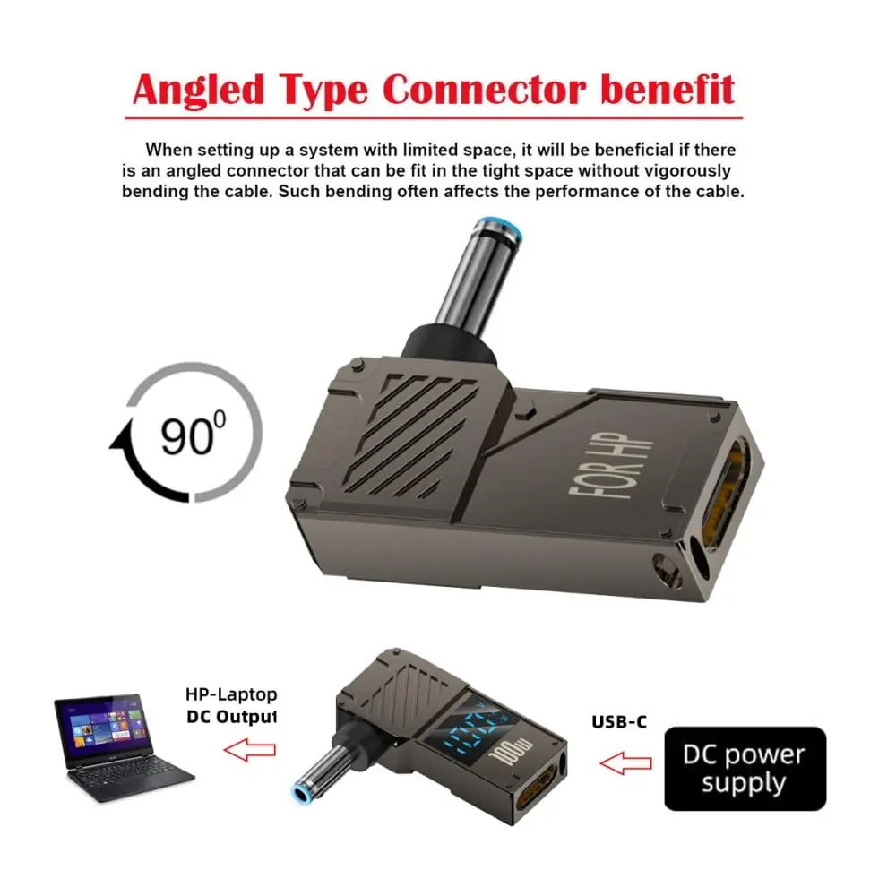 USB C Female to DC 4.5x3.0mm HP Barrel Jack Plug PD 100W Laptop Fast Charging Adapter with Wattage Display