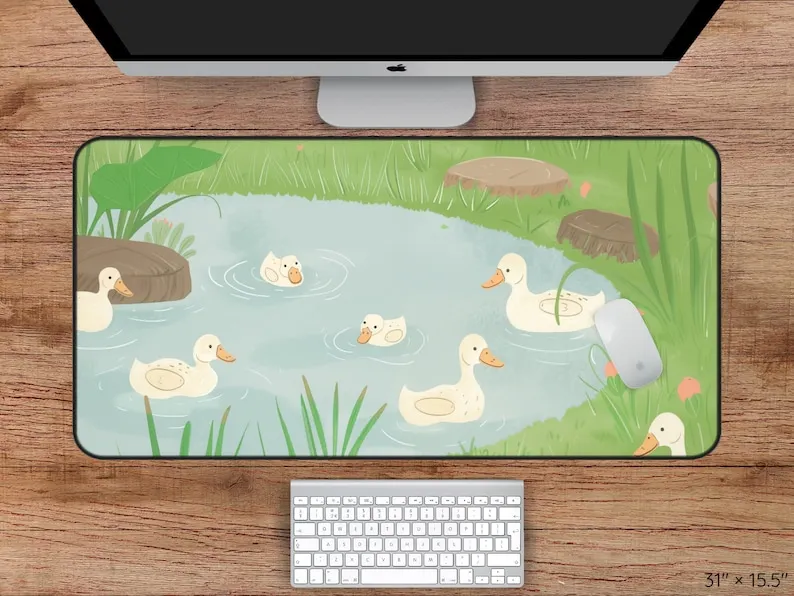 Kawaii Duck Pond Desk Mat, Cute Cartoon Style Suitable for Gamers and Nature Lovers, Adorable Duck Mouse Pad, XXL Nature Desk