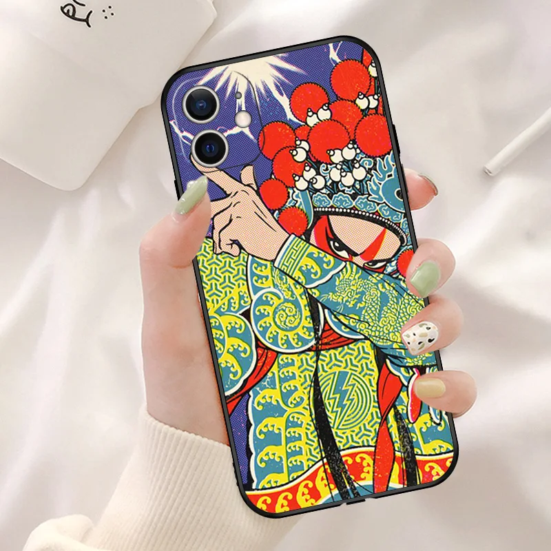 Soft Case for iphone 16 15 Pro Max 14 13 12 Mini 11 7 8 Plus XSMax XR Peking Opera Panda Girl Love Art Black Phone Cases Cover