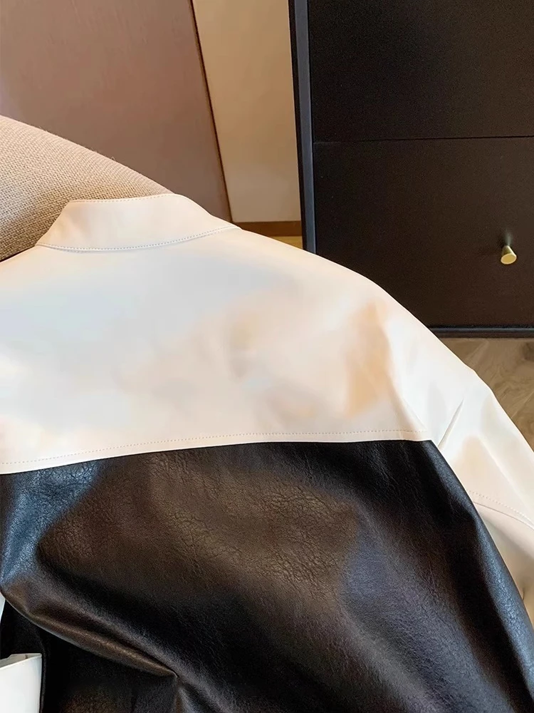 High-End Patchwork Color Blo Biker Jaet PU Colletto alla coreana da uomo Primavera Autunno Street Sle Capispalla versatile