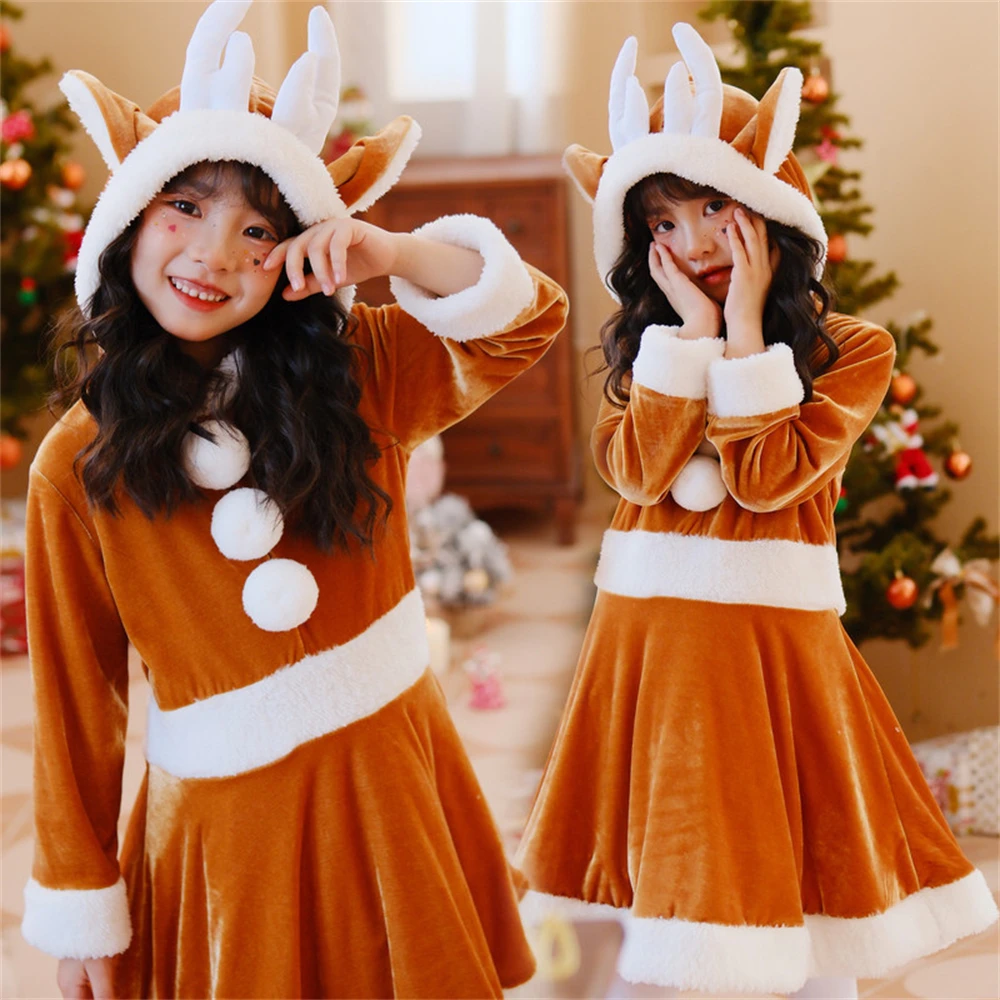 

Cartoon Hooded Elk Dress Kids Girls Christmas Long-sleeved Santa Claus Costume Children Cute Xmas Carnival Party Cosplay Outfits