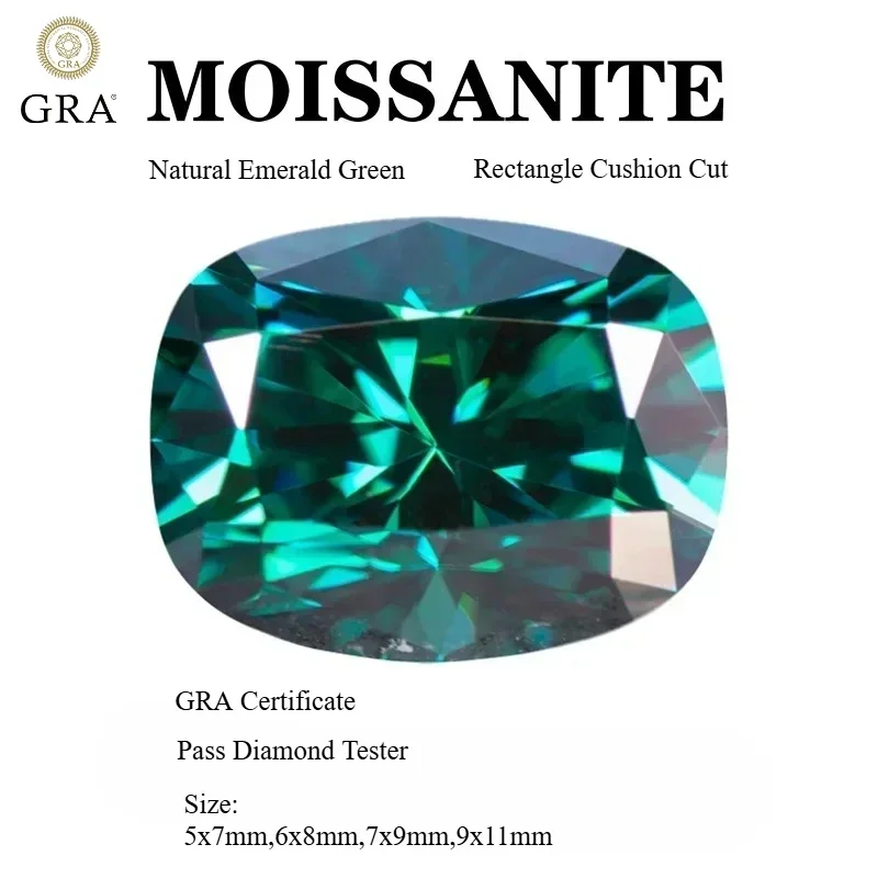 

Moissanite Stone Natural Emerald Green Color Rectangle Cushion Cut DIY Ring Necklace Earrings Main Materials with Certificate