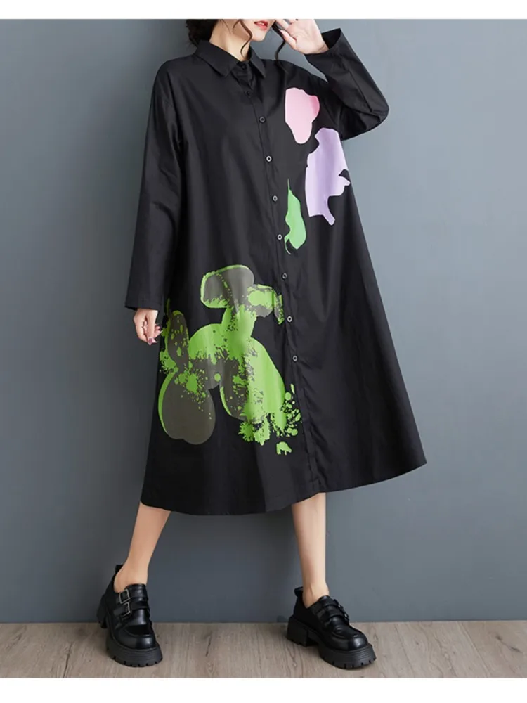 Herfst Shirt Jurk Vrouwen Graffiti Print Fashion Casual Losse Geplooide Dames Oversized Jurken Lange Mouw Vrouw Jurk