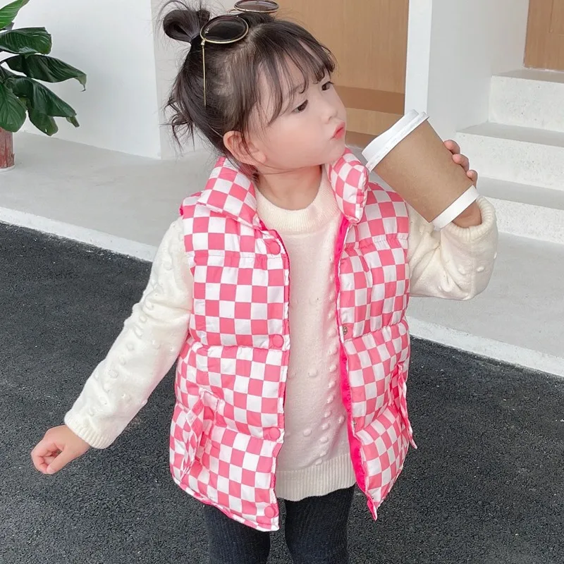 

Children's Autumn Warm Waistcoat Girls Fashion Checkerboard Padded Jacket Boys Casual Stand Collar Down Cotton Vest 2Y-10Y