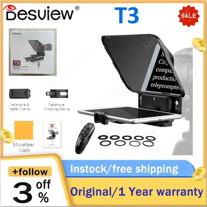 Desview T3 Teleprompter for Smartphone/Tablet/DSLR Camera with Remote Control Supports Wide Angle Lens for Speech Live Video