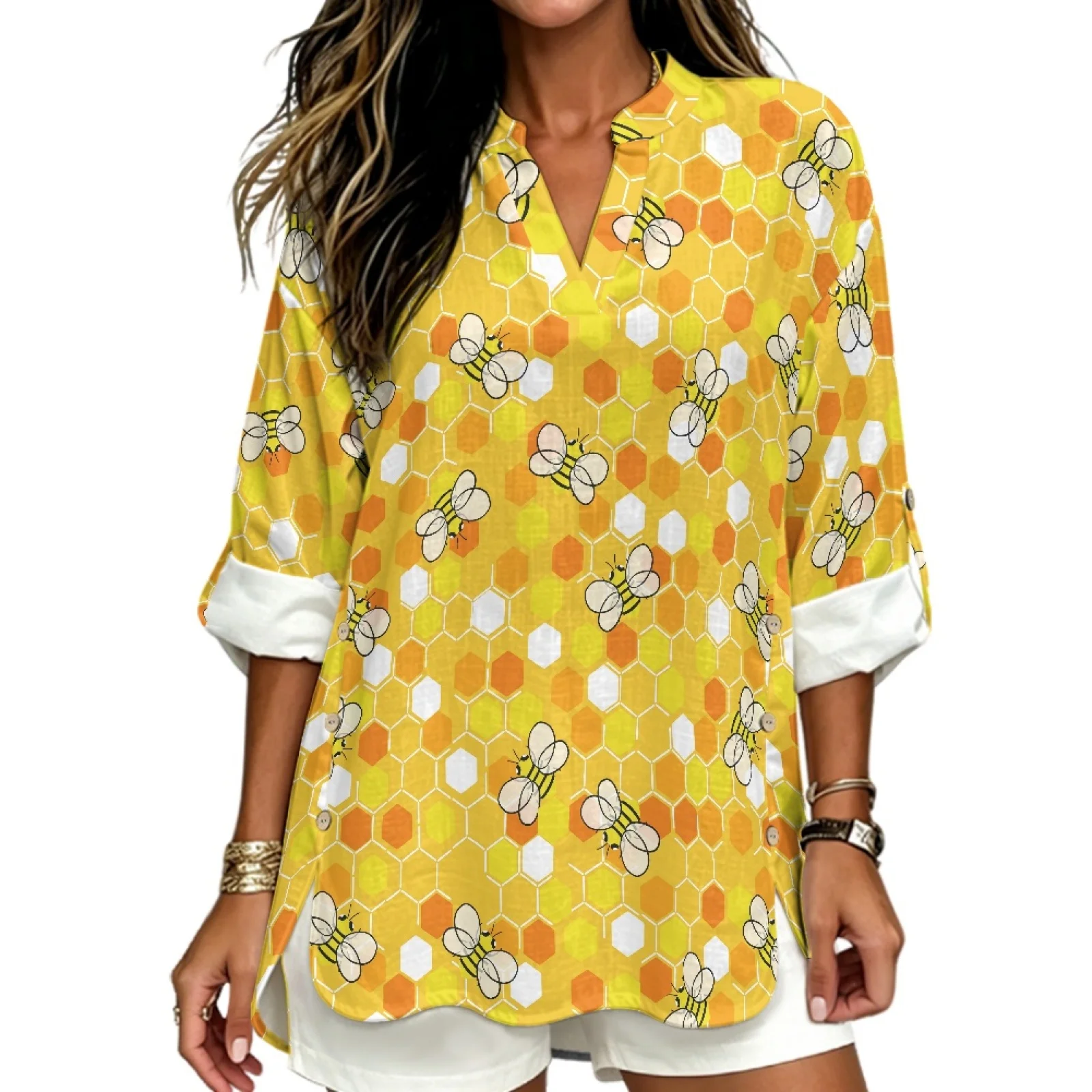PENSTROLL Bees Linen Like Long Sleeve Womens Tops Curved Hem V Neck Blouse for Business Sizes S-5XL