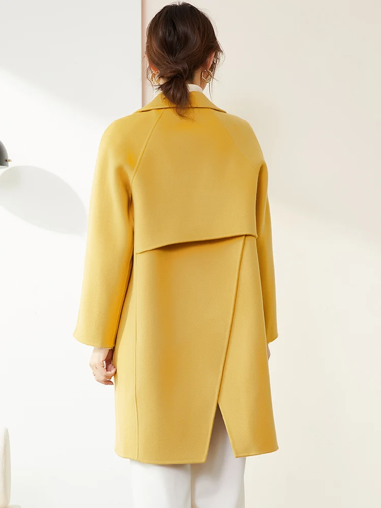 Autumn and Winter New Women's Coat Fashion Trend 100% Wool Woolen Coat Yellow High-End Women's Comfortable Loose Top