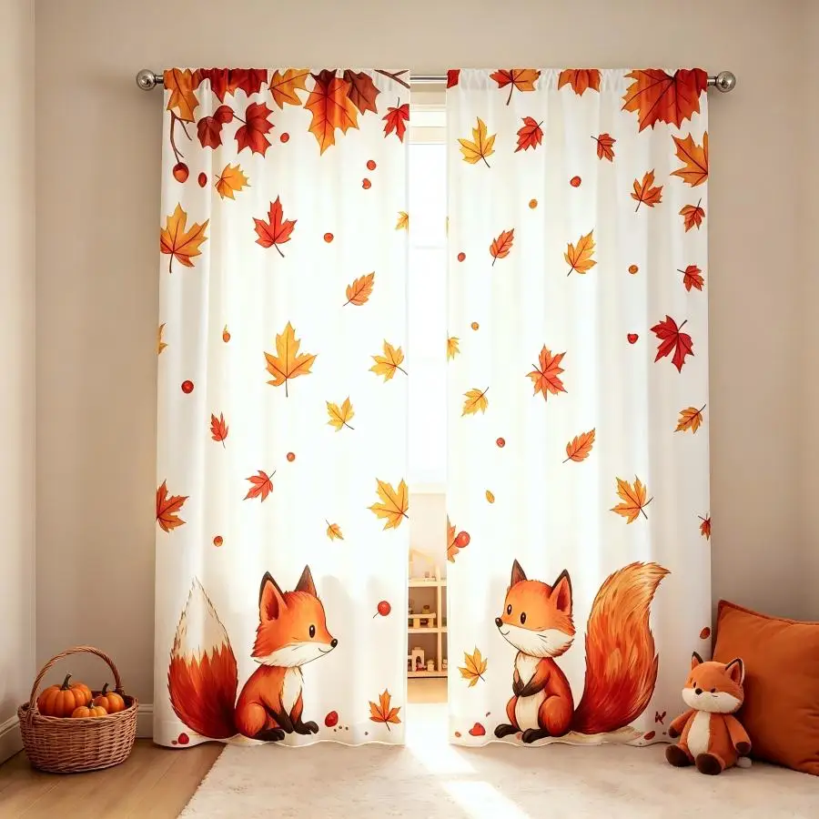 2PCS Digital Print Curtain, Falling Maple Leaves with Fox, Autumn Woodland Wildlife Style for Living Room Bedroom Decor