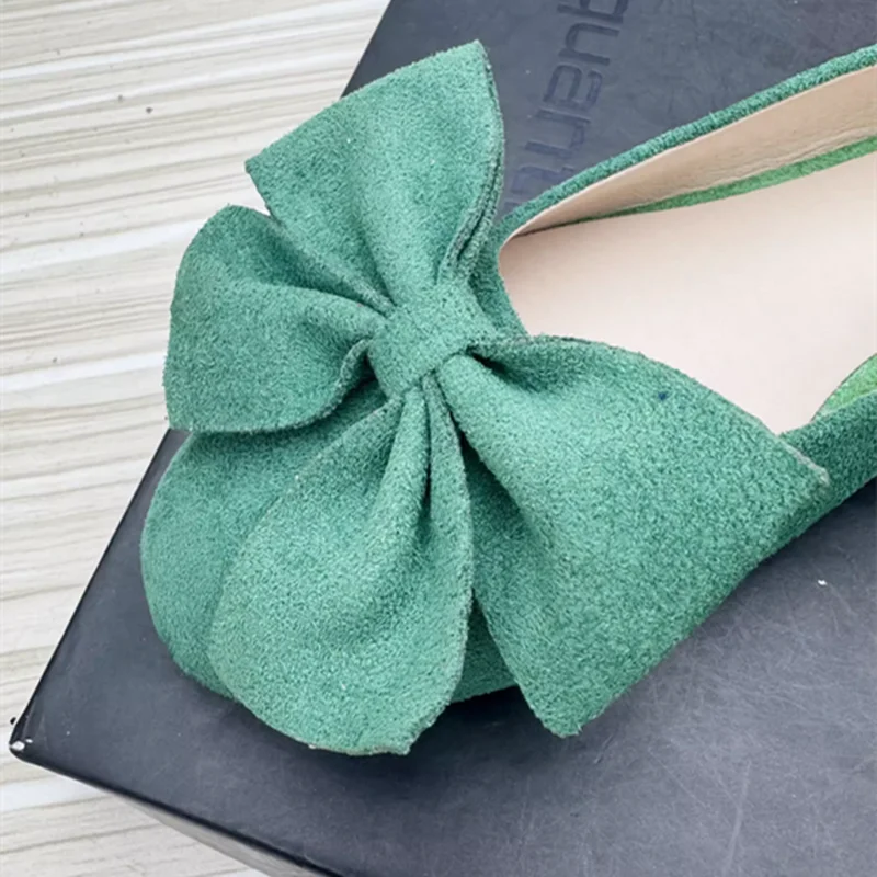 Ladies Girls Flock Cloth Sweet Flats Big Bow Cute Round Toe Slip-On Orange Green Shoes Wide Fits Plus Sizes 33-48 28cm Noiseless