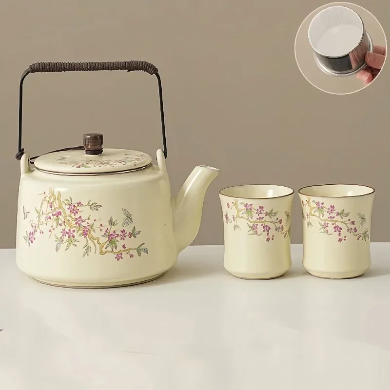 Vintage floral ceramic teapot set with cup Vintage style floral tea kettle with handle Fine mesh filter Soaker Home
