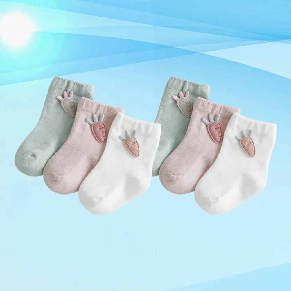 

3Pair Baby Socks Cotton Cartoon Patterns Soft Breathable Anti-Slip Newborn Socks for Spring Autumn 6-12 Months Radish Size S