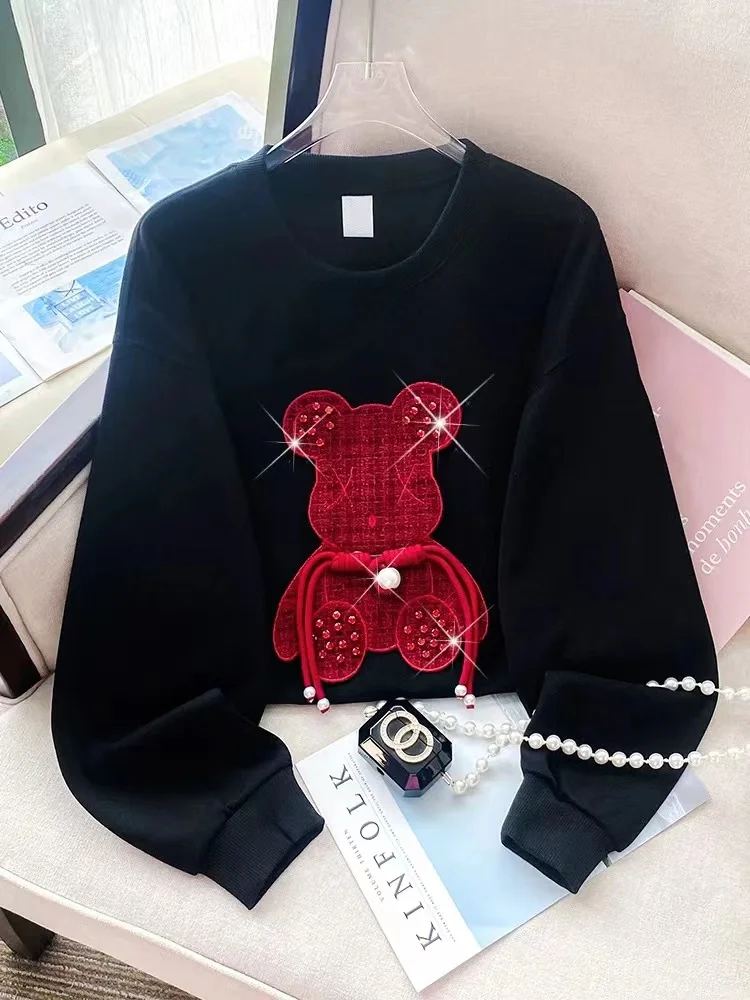 Hooded Autumn Winter sweater women's 3D Bear Large size New design street high-end sense of round neck long-sleeved