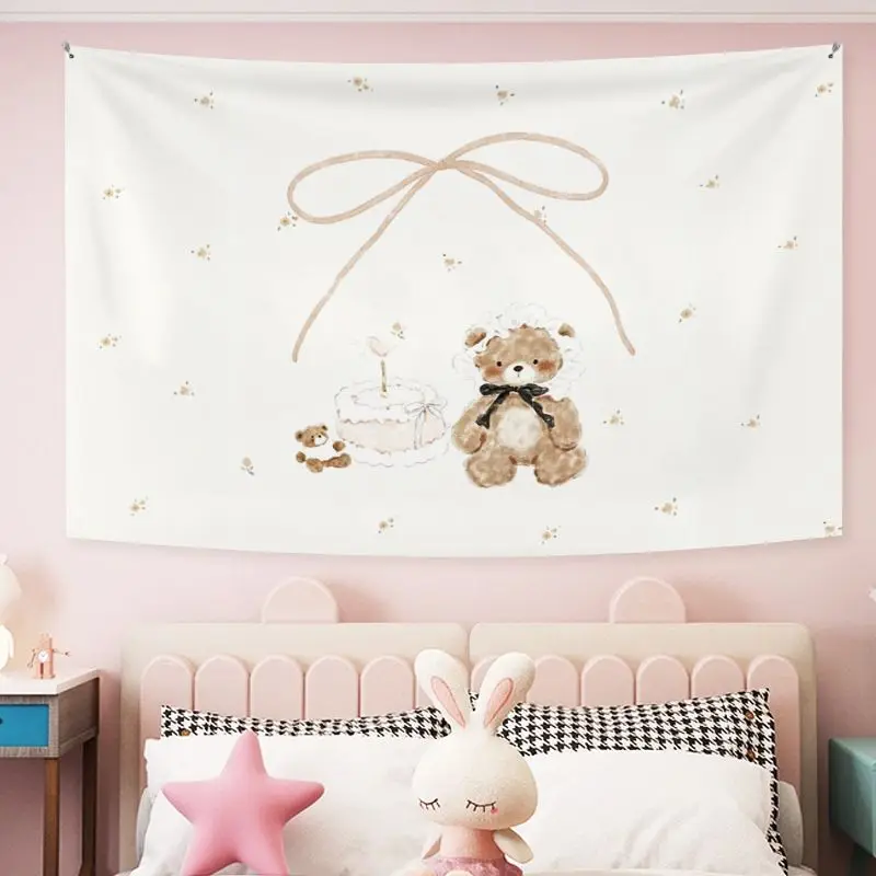 VIKAMA Cute Teddy Bear Tapestry, Korean Style Instagram Inspired Wall Hanging, Bedroom Decor, Soft Polyester Cute Backdrop