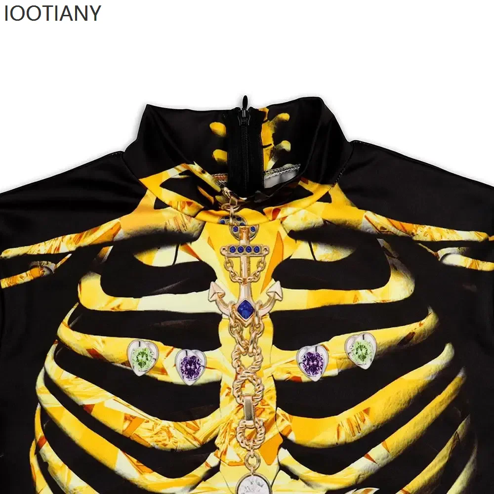 Women Halloween Skeleton Gold Rose Long Sleeve Dress Sexy Holiday Party Stage Bodycon Funny Role Playing Performance Costume - view 5