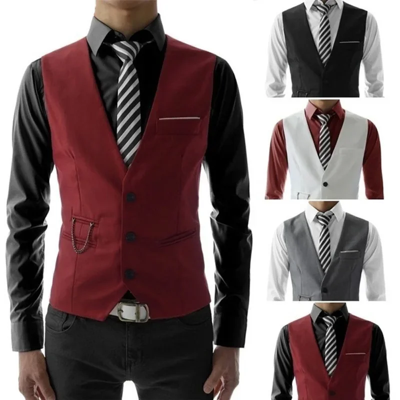 2023 Men\'s Slim Fit Suit Vest Solid Color Casual Sleeveless Vintage Vest Fashion Man Black Gray Formal Businss Waistcoat Homme