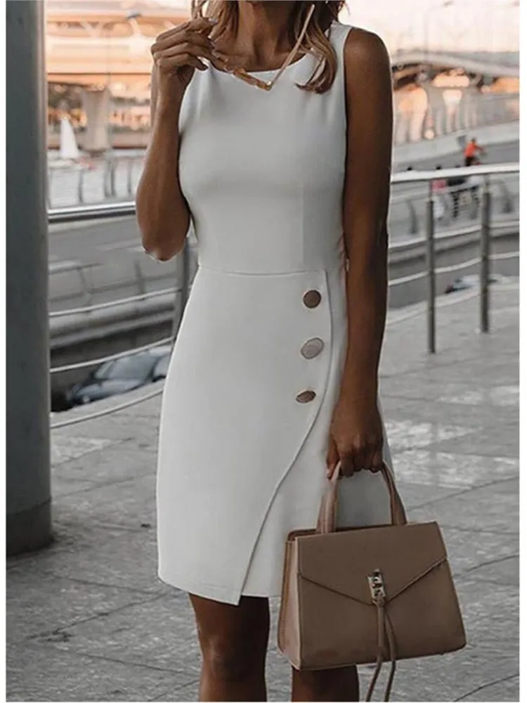 Summer Fashion White O Neck Sleeveless Midi Dress 2024 Women\'s Elegant Casual Wear Outlet Black Tight Office Dresses Vestidos