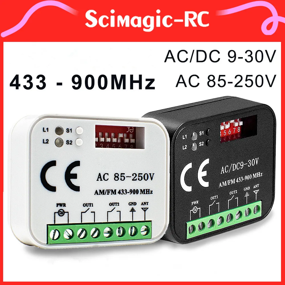Universal Frequency 300-900MHz Garage Door Receiver AC DC 9-30V AC 85-250V 2CH Switch Module 433 868MHz Transmitter