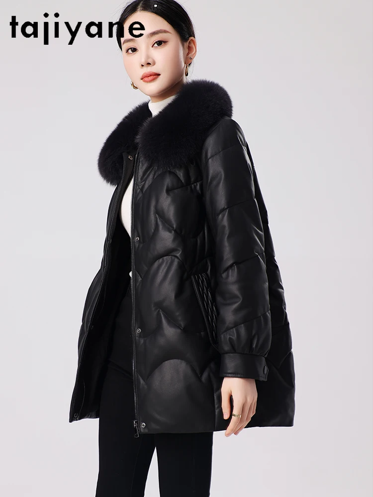 TAJIYANE 100% Skórzany płaszcz puchowy z owczej skóry dla kobiet, średniej długości, kurtka ze skóry naturalnej, kołnierz z futra lisa, płaszcze zimowe 2025, nowa kolekcja odzieży damskiej 신상아우터