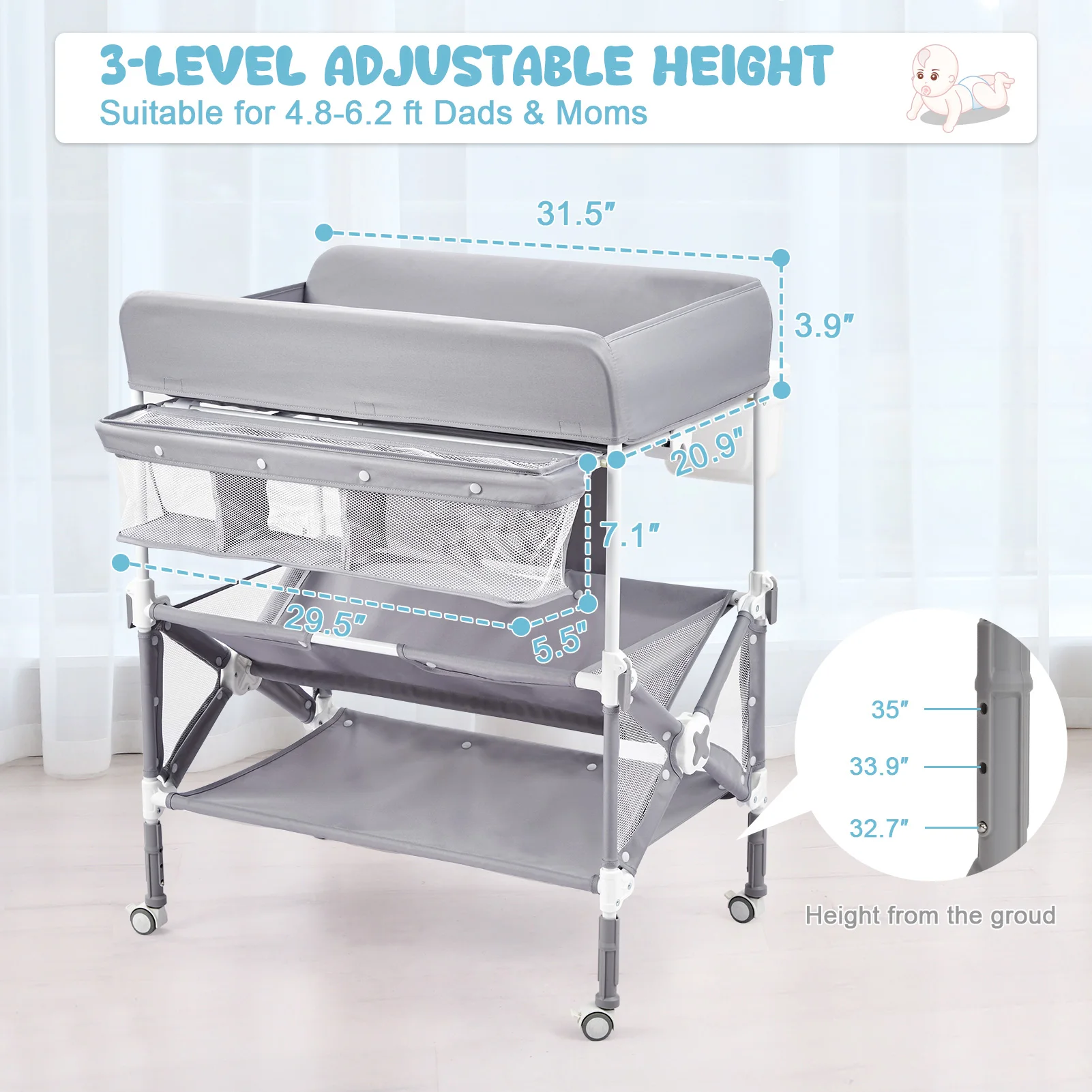 KH02 Folding Nursing Stand 83*68*99CM Portable Baby Diaper Changing Stand Large Storage Rack Removable