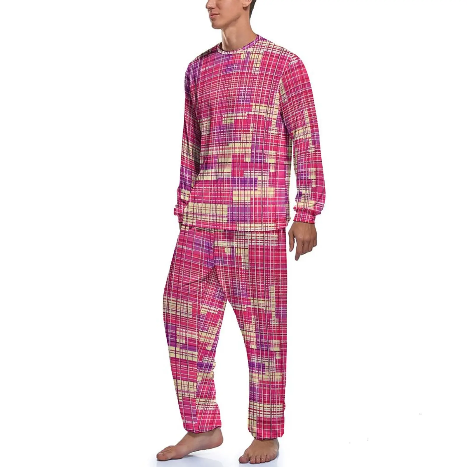 Contrast Color Pajamas Winter Pink And Purple Casual Home Suit Man 2 Piece Design Long-Sleeve Cool Pajama Sets