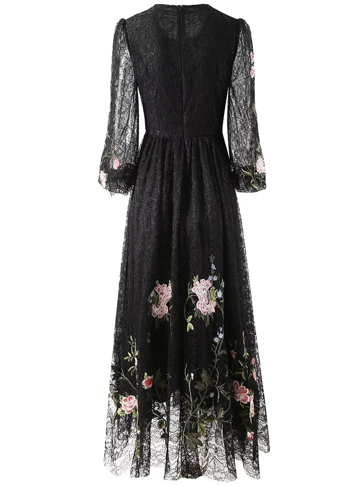 DSXDFACAIRIJ Women's Vintage Lace Flora Embroidery Dress O-Neck Lantern Sleeve Sequins Black Fashion Spring Collection