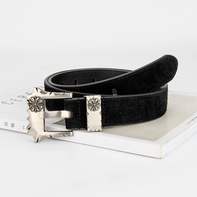 Cinturón de ante esmerilado estilo Punk a la moda, hebilla de aguja grabada para mujer, pantalones vaqueros decorativos, cinturón de diseñador de cuero genuino para mujer