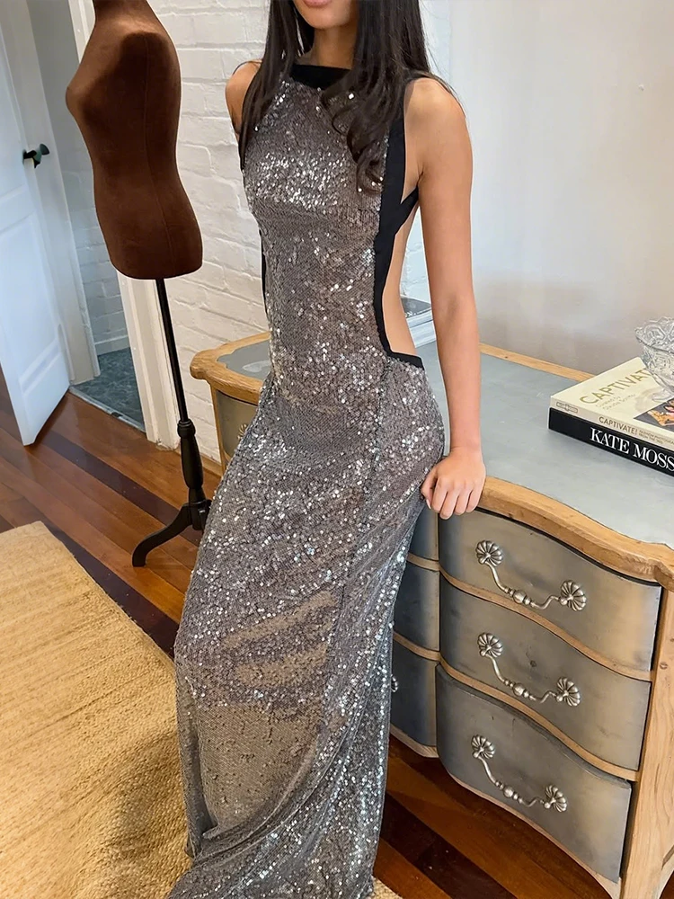 Vestido de retazos de lentejuelas de gato extraño para mujer, vestido fino con purpurina y espalda descubierta sin mangas, coqueta elegante para fiesta, banquete elástico, boda, ceñido al cuerpo