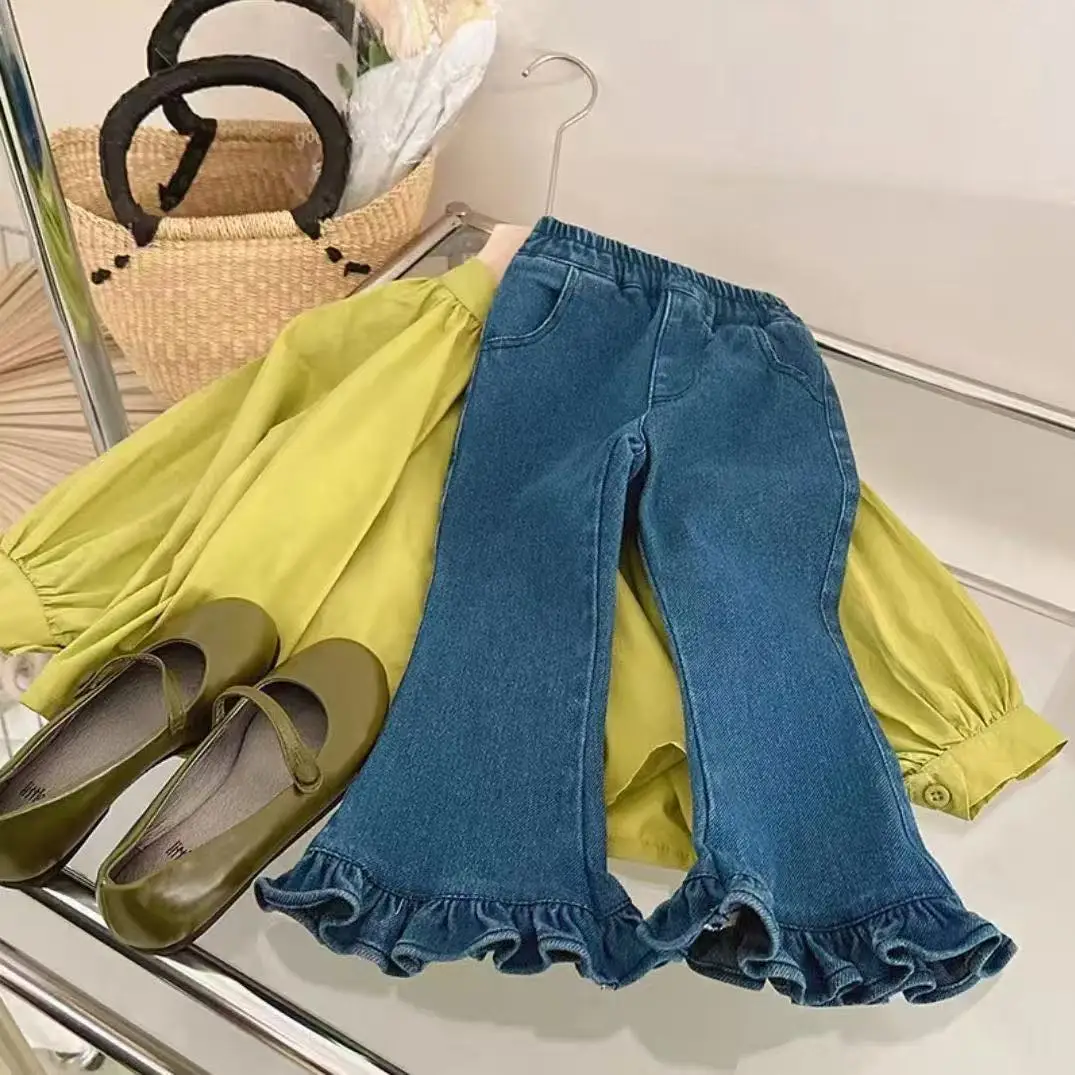 

Kids 2-7Y Girls Casual 2PCS Set Cute Doll Blouse with Puff Sleeve & Flared Trousers Spring Fall Suit for 90-140cm