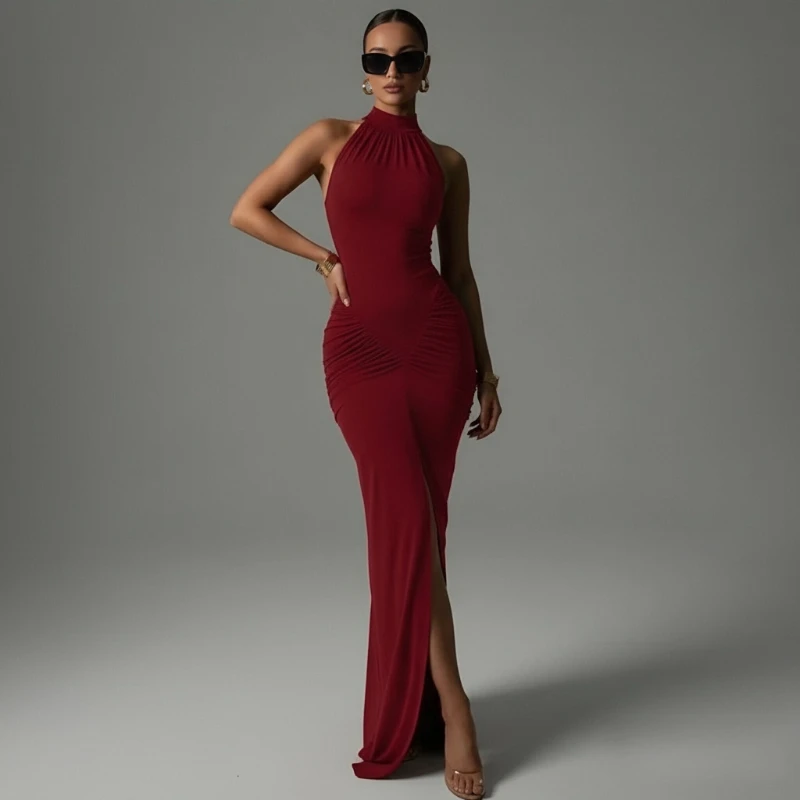 Ärmelloses Maxikleid für Damen mit Neckholder, figurbetontes, gerüschtes, geteiltes Kleid, sexy, elegante, figurbetonte Kurven, Abendparty-Outfits