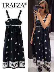 TRAFZA Summer Print Dress For Women 2024 Square Collar Sleeveless Backless Loose Long Dresses Beach Style Elegant Woman Dress