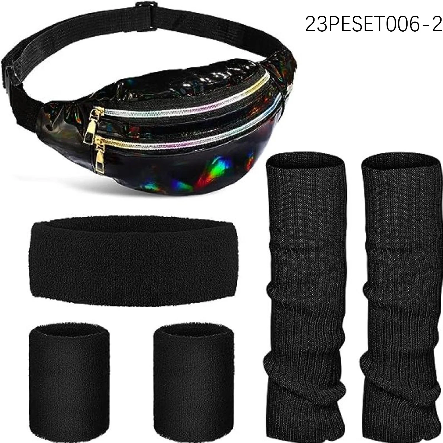 

Аксессуары для женской одежды PESENAR: черная поясная сумка, наколенники, защита для головы и запястий в стиле 1980-х годов.