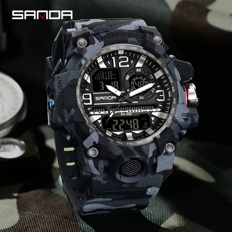 SANDA-reloj Digital de cuarzo para hombre, cronómetro electrónico con pantalla LED, estilo militar, resistente al agua, para deportes al aire libre