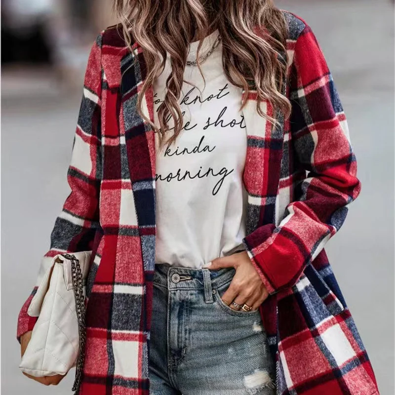 2023 Autumn/Winter New Age Reducing Lazy Style Simple Slim Loose Plaid Print Long Sleeve Pocket Suit Collar Woolen Female Coat