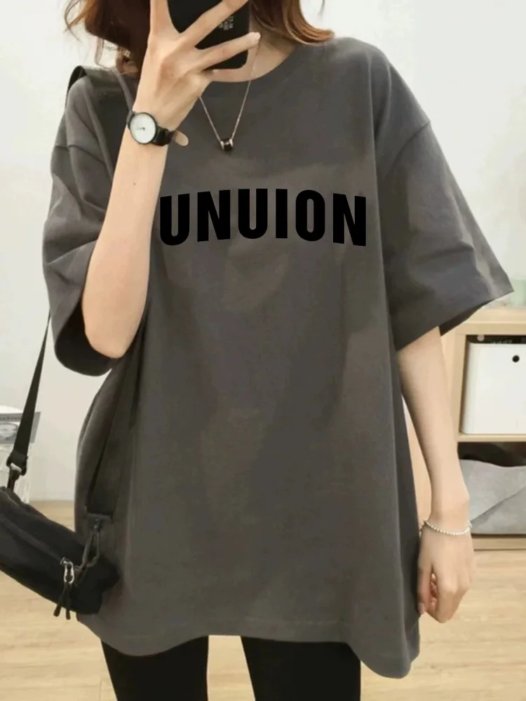 

plus Size Women's T-Shirt Letter Print Short Sleeve Loose Fit Summer Casual Top Cover up Cotton round Neck Korean Style