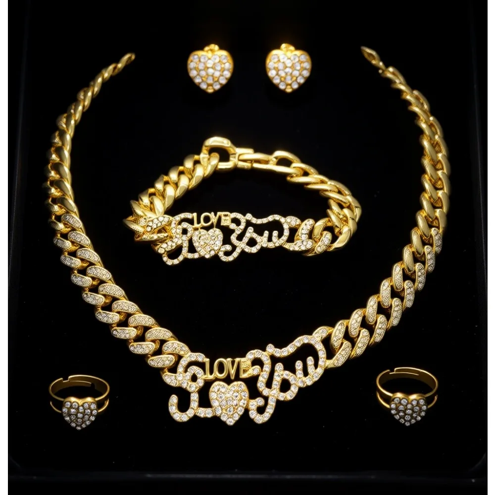 

Комплект украшений: цепочка Cuban Link, браслет, серьги-кольца, инкрустированные стразами, блестящий подарок для женщин и девушек, любимых.