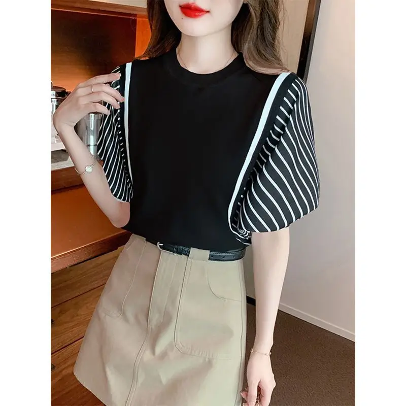 Summer Fashion Two-piece Striped Patchwork Short Sleeved T-shirt Women\'s Clothing Round Neck Loose Half Sleeve Pullover Top