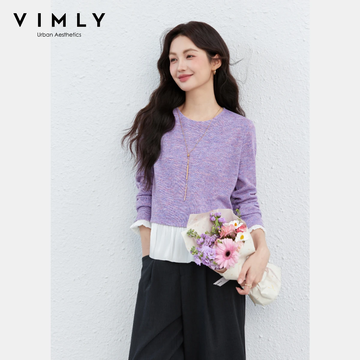 VIMLY Lilac Knitted Women's Sweater 2026 Spring New Crew Neck Contrast Patchwork Ruffle Pullover Daily Casual Jumpers A3583