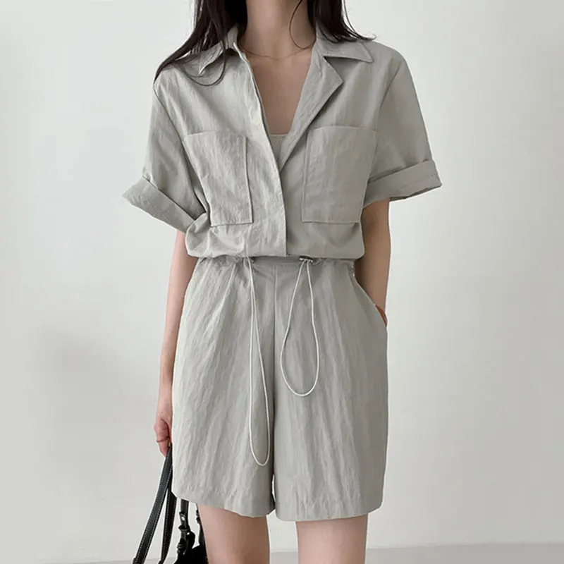 세련된 여름 빈티지 여성 롬퍼 하이 웨이스트 와이드 레그 포켓 디자인 드로스트링 허리 캐주얼 원피스 슈트 올매치 스타일