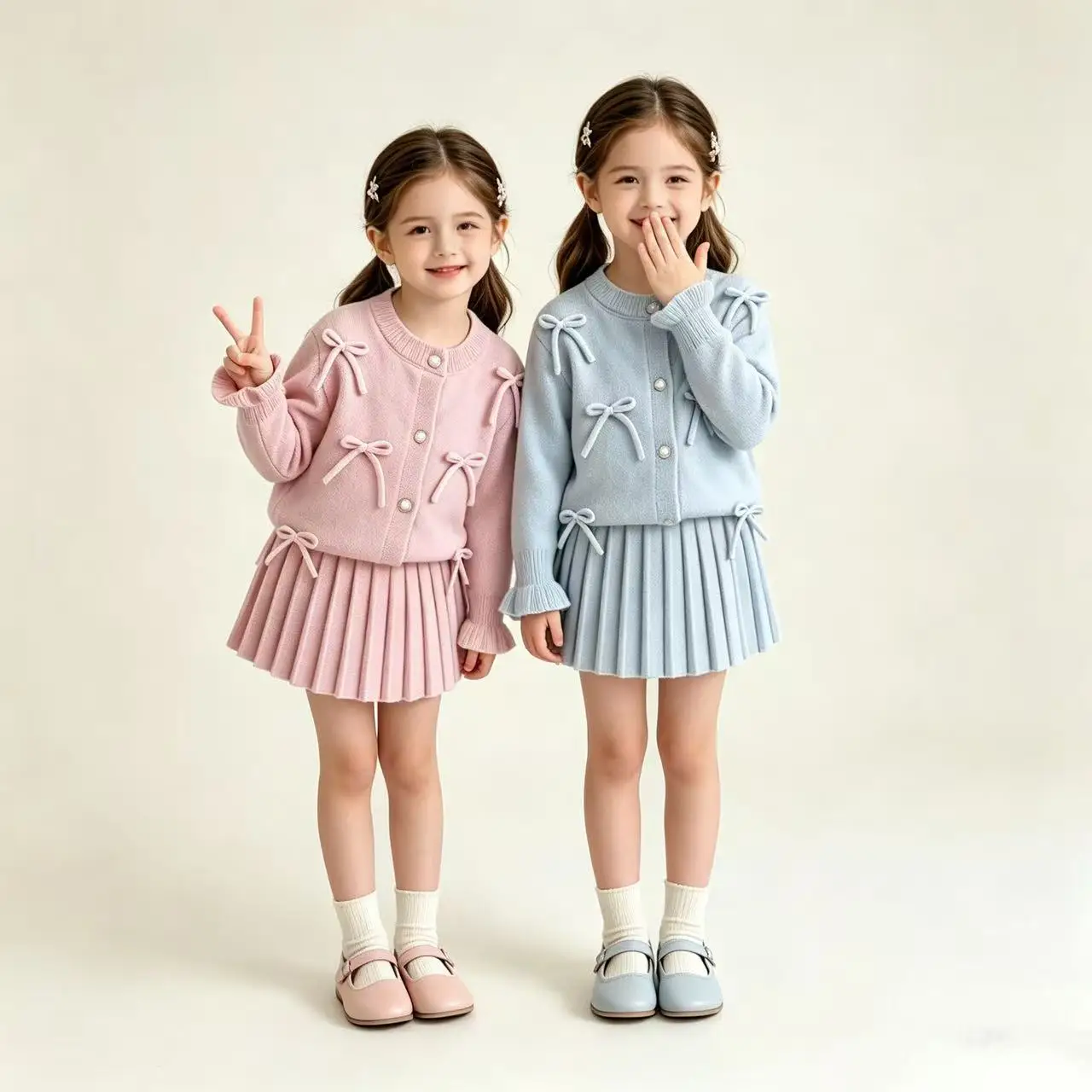 Girls' Bow Knitted Set Autumn Winter Children's Sweater Baby Lotus Leaf Sleeve Cardigan Fold Skirt Two Piece Set