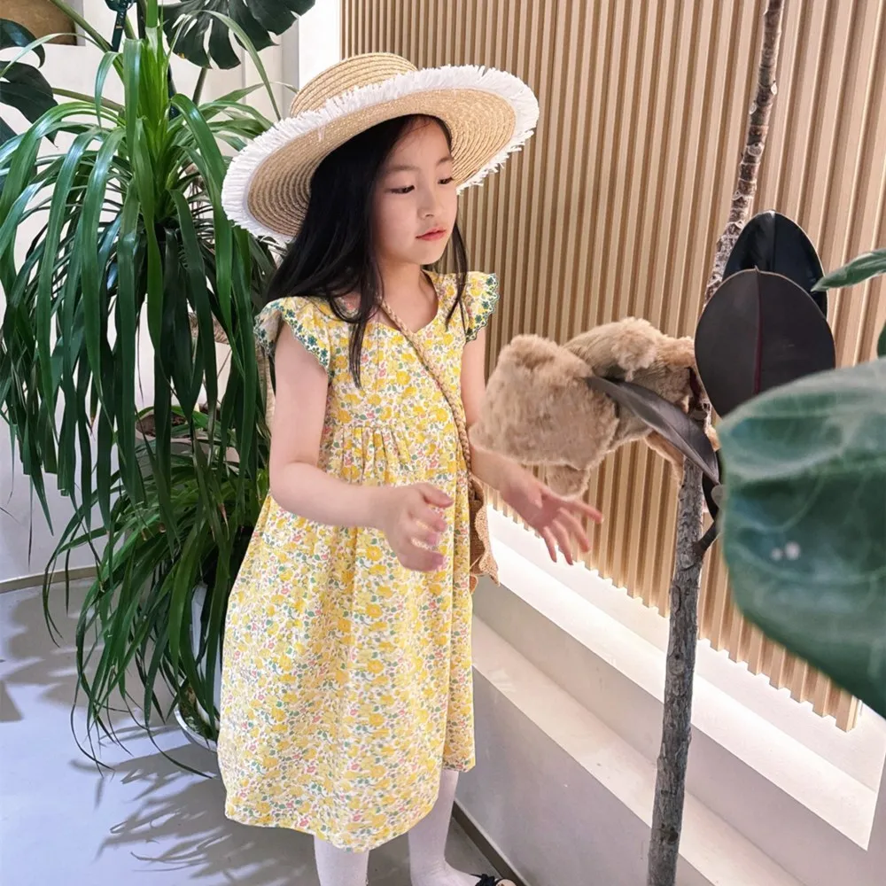 

Одежда для маленьких девочек, детское платье, стиль отпуска, желтое летнее платье с цветочным принтом, милое платье для девочек