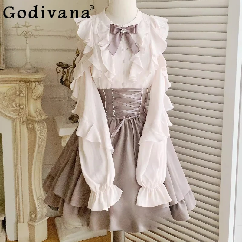 

Girls Bow Sweet Skirt Outfits Original Design Japanese Elegant Long Sleeve Shirt Top Half Skirt Suit Women Clear Style Set