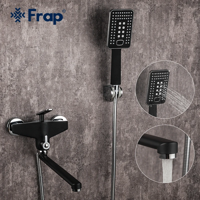 Frap Black Bathtub Faucet Long Nozzle Bathtub Shower System 3-mode Outlet Water ABS Handshower Shower Classic  Bathroom Faucet