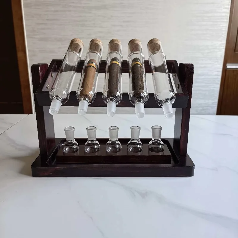 5 glass soaking tubes, cigar flavor display stand,  gift, retro cedar wood